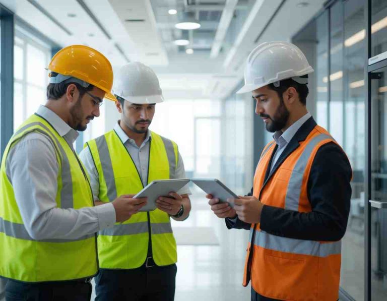 Warehouse safety audit and risk assessment "a workplace safety expert conducting an inspection in a large dubai warehouse. The setting includes stacked pallets, forklifts, and clear safety markings on the floor, ensuring compliance with workplace safety regulations. "