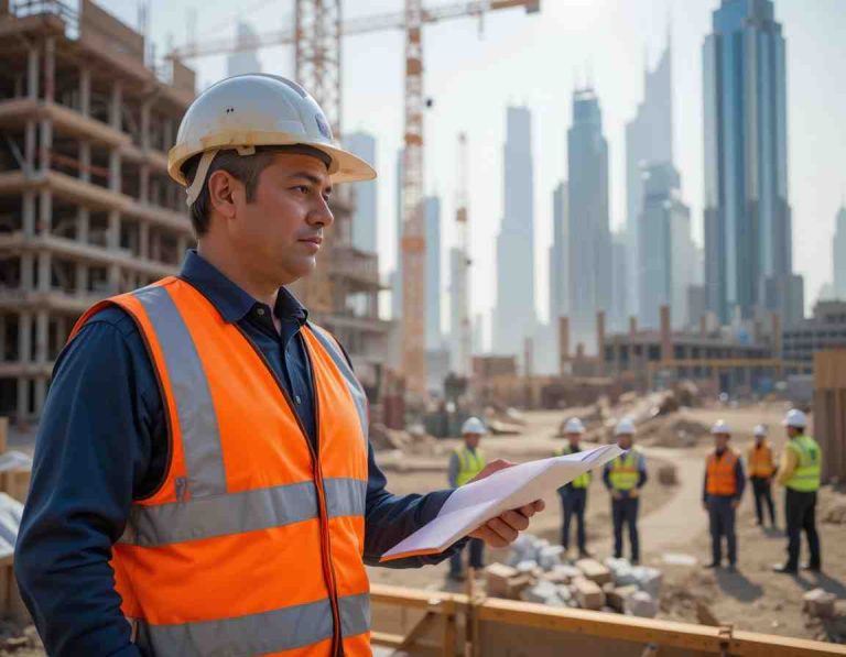 Warehouse safety audit and risk assessment "a workplace safety expert conducting an inspection in a large dubai warehouse. The setting includes stacked pallets, forklifts, and clear safety markings on the floor, ensuring compliance with workplace safety regulations. "