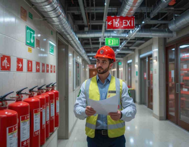Warehouse safety audit and risk assessment "a workplace safety expert conducting an inspection in a large dubai warehouse. The setting includes stacked pallets, forklifts, and clear safety markings on the floor, ensuring compliance with workplace safety regulations. "