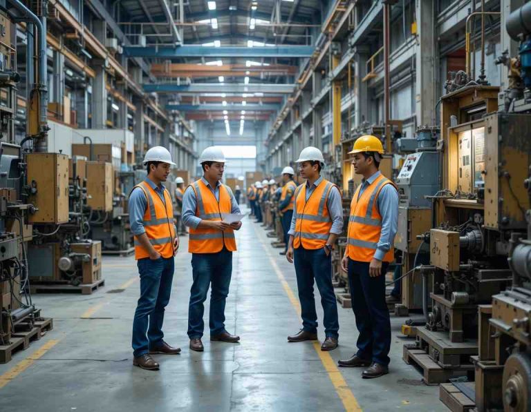Warehouse safety audit and risk assessment "a workplace safety expert conducting an inspection in a large dubai warehouse. The setting includes stacked pallets, forklifts, and clear safety markings on the floor, ensuring compliance with workplace safety regulations. "