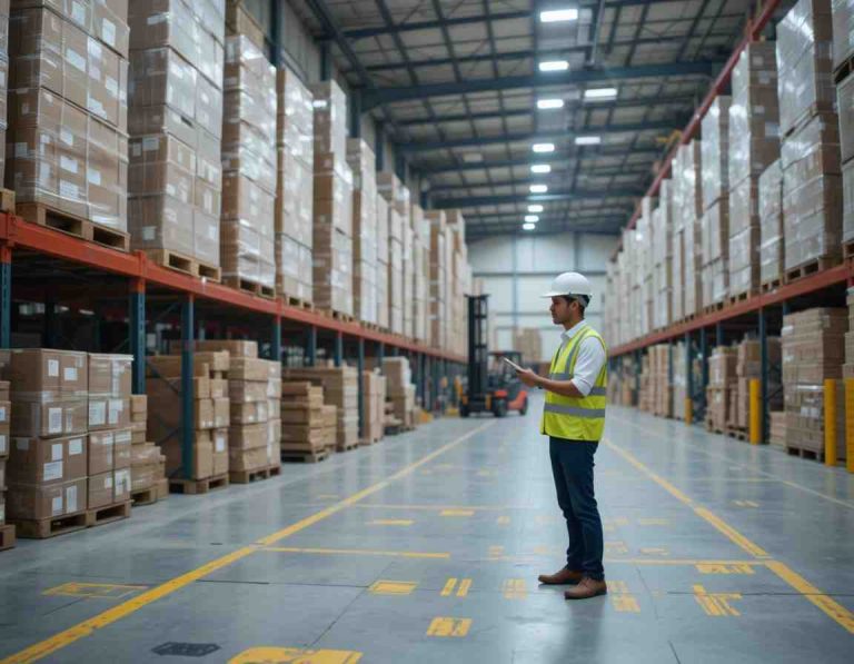 Warehouse safety audit and risk assessment "a workplace safety expert conducting an inspection in a large dubai warehouse. The setting includes stacked pallets, forklifts, and clear safety markings on the floor, ensuring compliance with workplace safety regulations. "
