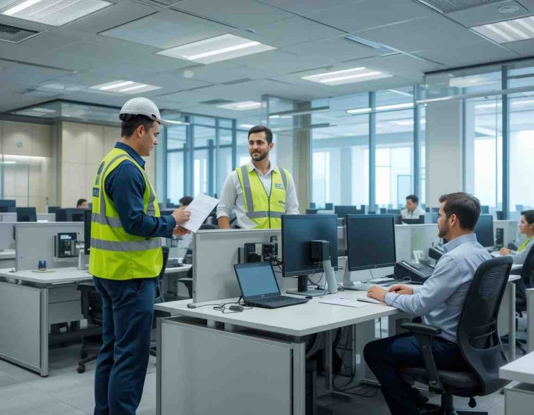 Warehouse safety audit and risk assessment "a workplace safety expert conducting an inspection in a large dubai warehouse. The setting includes stacked pallets, forklifts, and clear safety markings on the floor, ensuring compliance with workplace safety regulations. "